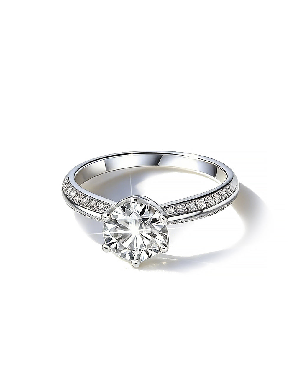 Classic Moissanite Solitaire Ring with Pavé Band