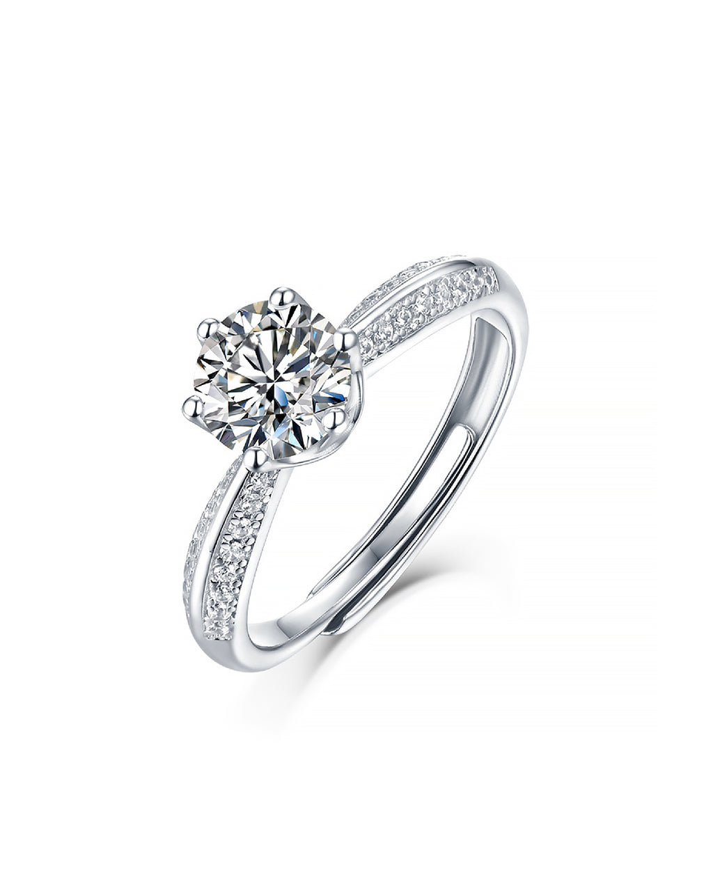 Classic 6-Prong Moissanite Adjustable Silver Ring with Pavé Band