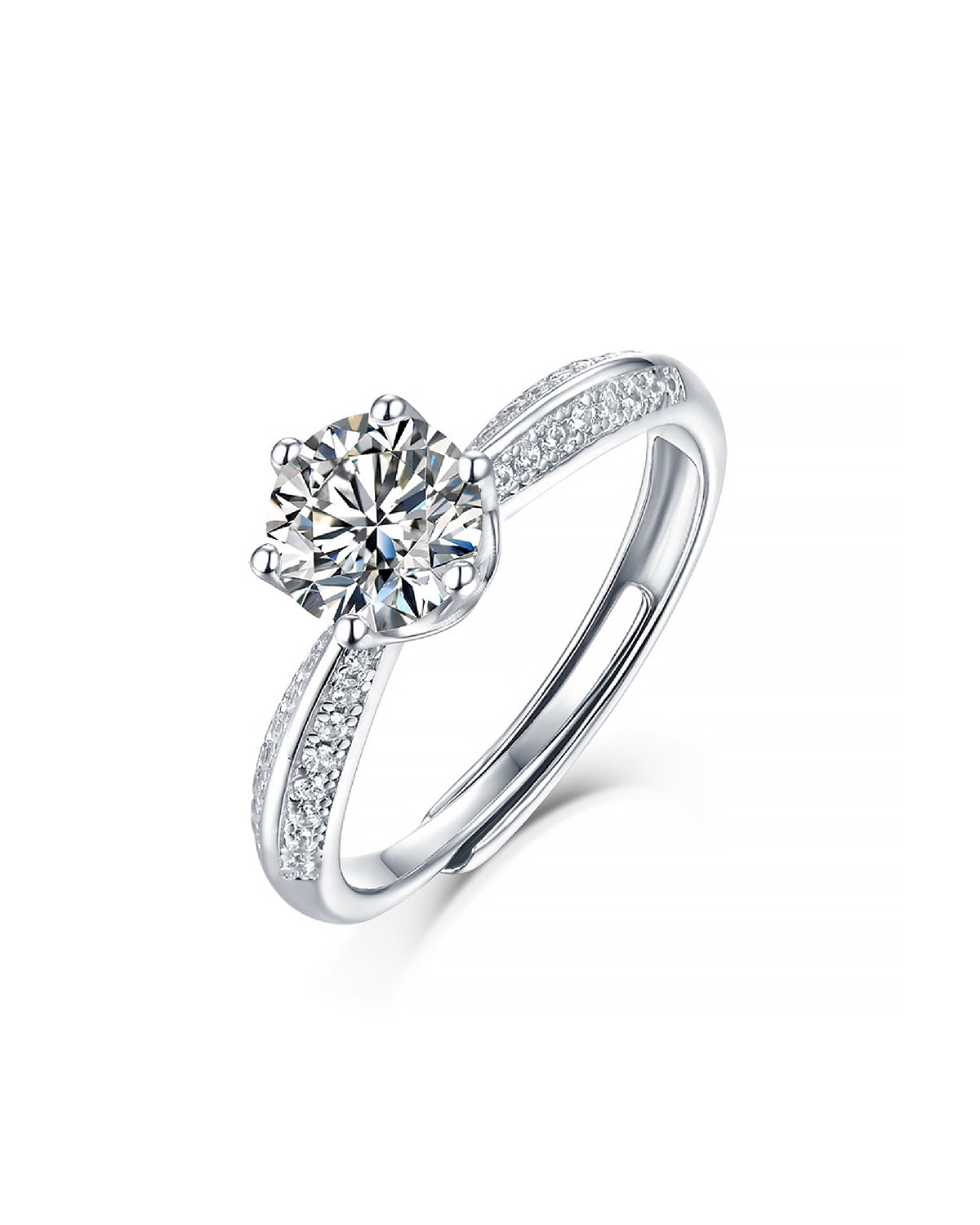 Classic 6-Prong Moissanite Adjustable Silver Ring with Pavé Band