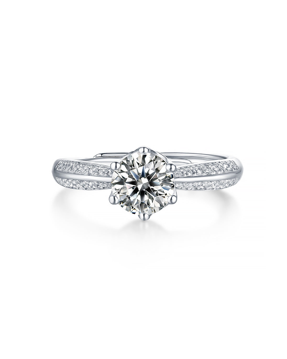 Classic 6-Prong Moissanite Adjustable Silver Ring with Pavé Band