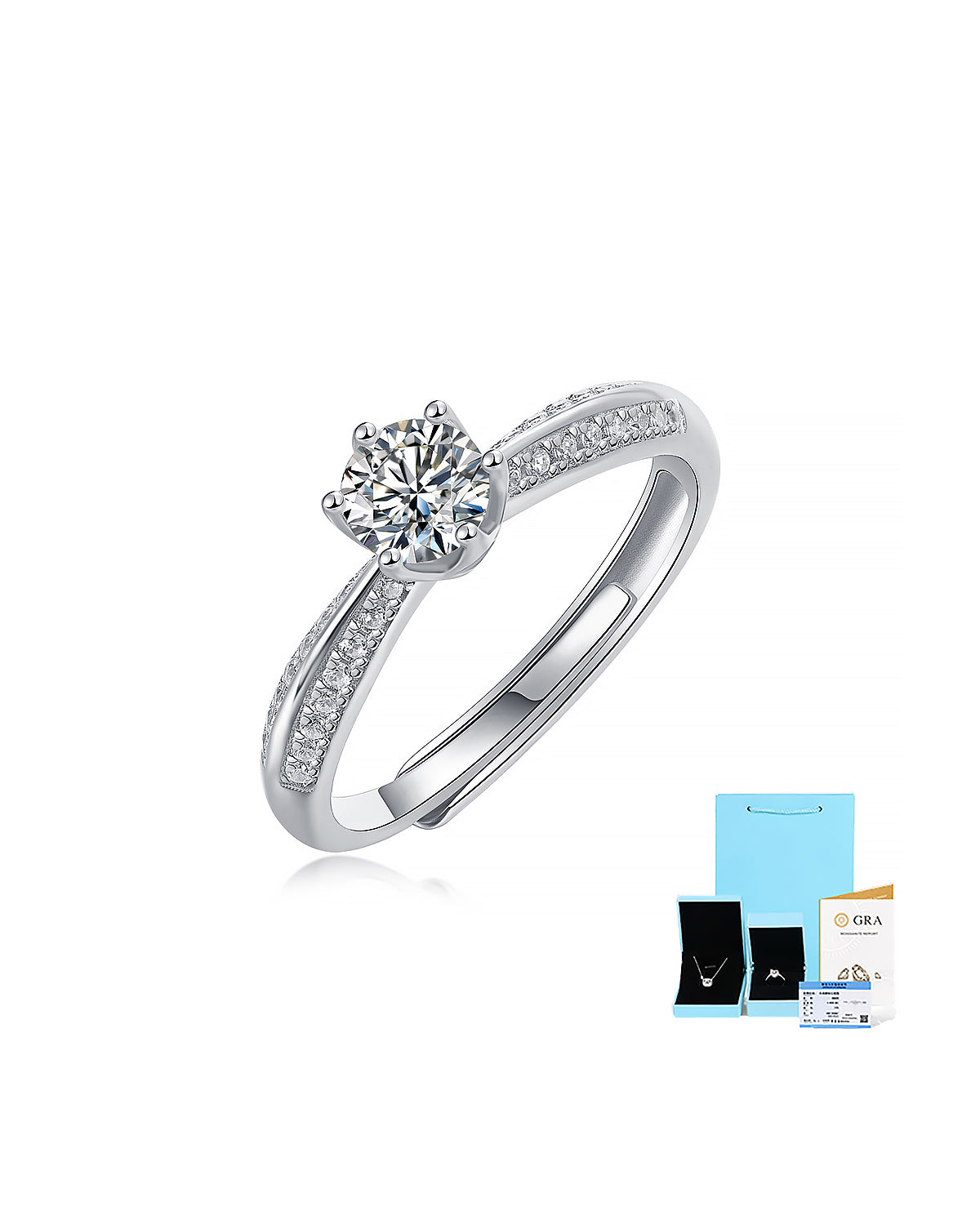 Classic 6-Prong Moissanite Adjustable Silver Ring with Pavé Band