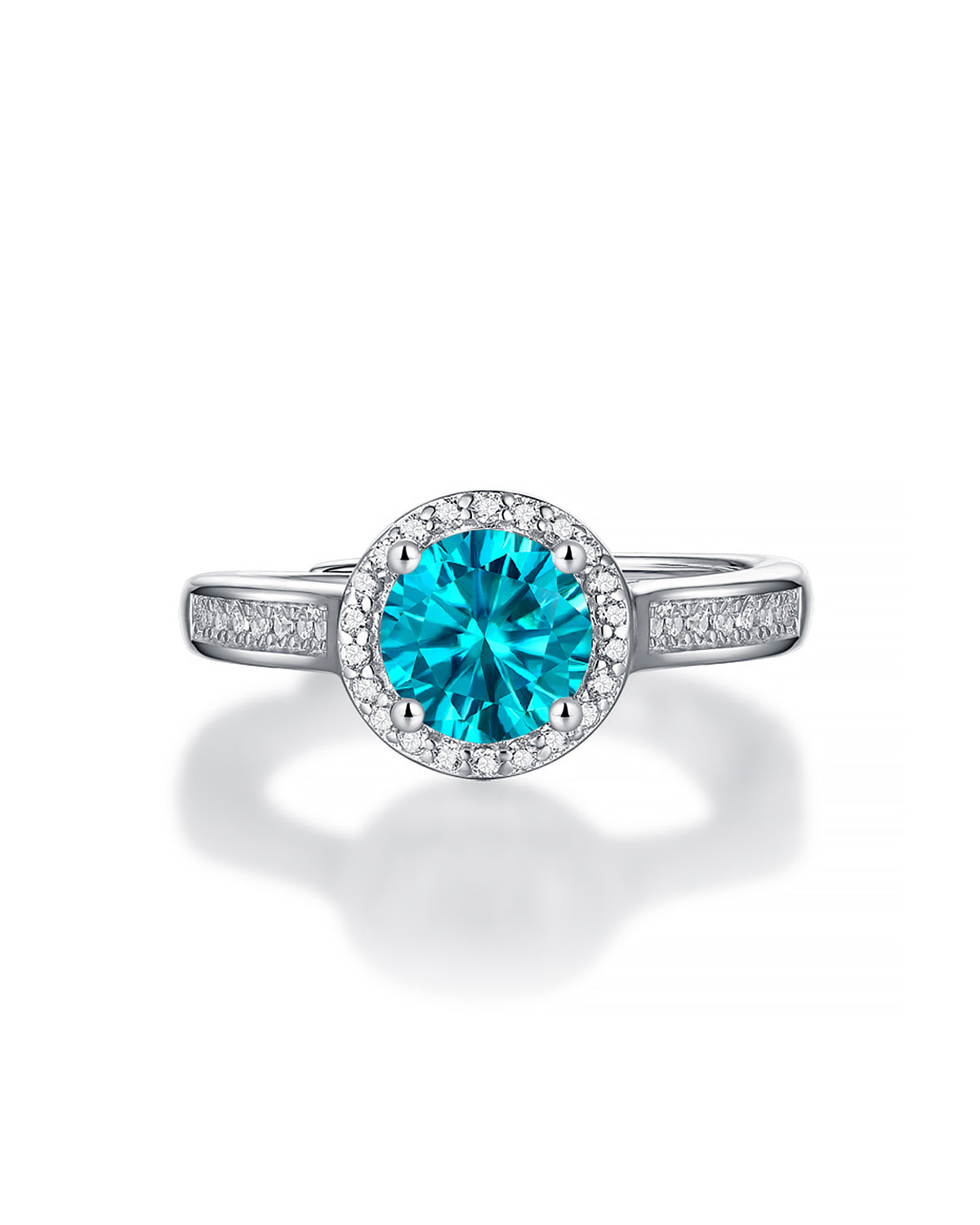 Classic Halo Moissanite Adjustable Silver Ring with Pavé Band