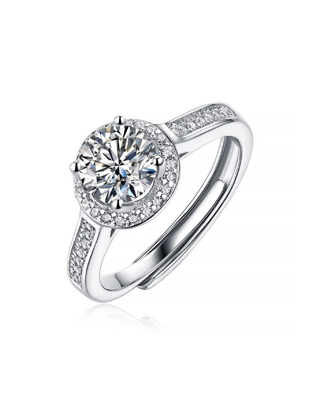 Classic Halo Moissanite Adjustable Silver Ring with Pavé Band