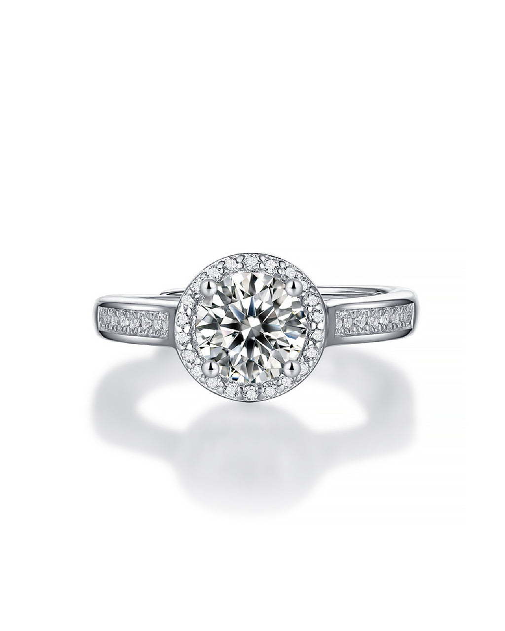 Classic Halo Moissanite Adjustable Silver Ring with Pavé Band