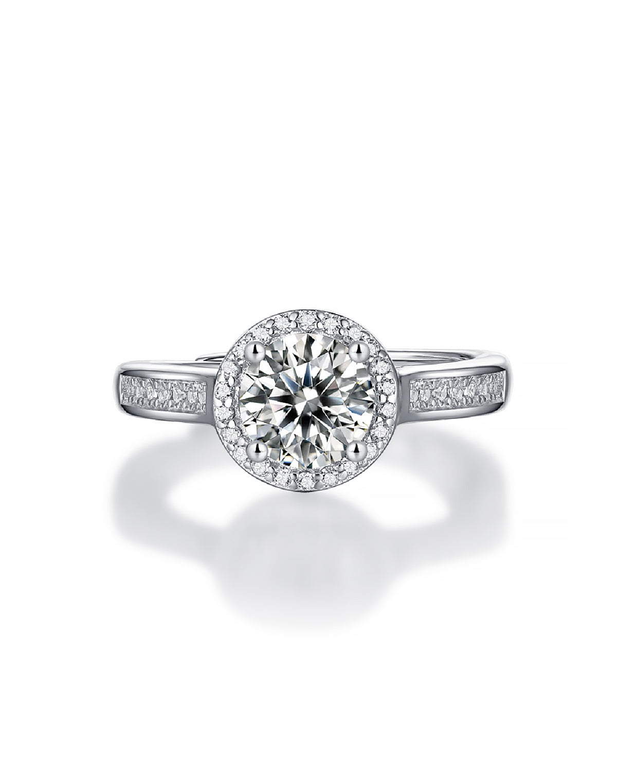 Classic Halo Moissanite Adjustable Silver Ring with Pavé Band