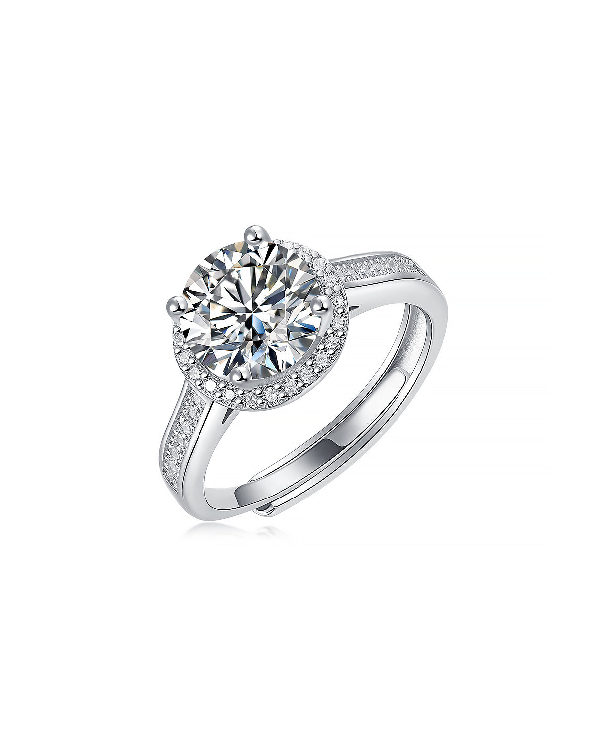 Classic Halo Moissanite Adjustable Silver Ring with Pavé Band