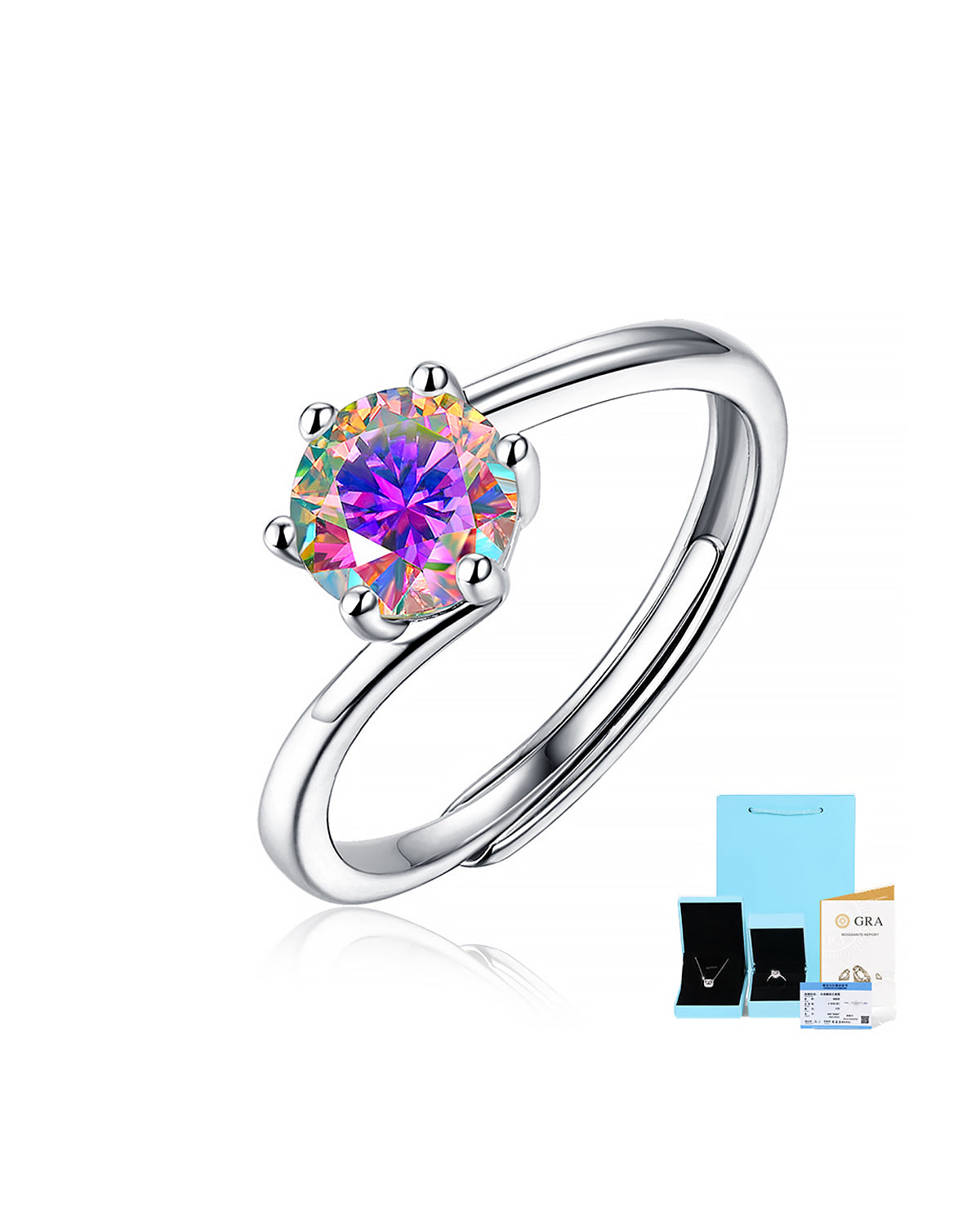 Classic 6-Prong Moissanite Bypass Adjustable Silver Ring