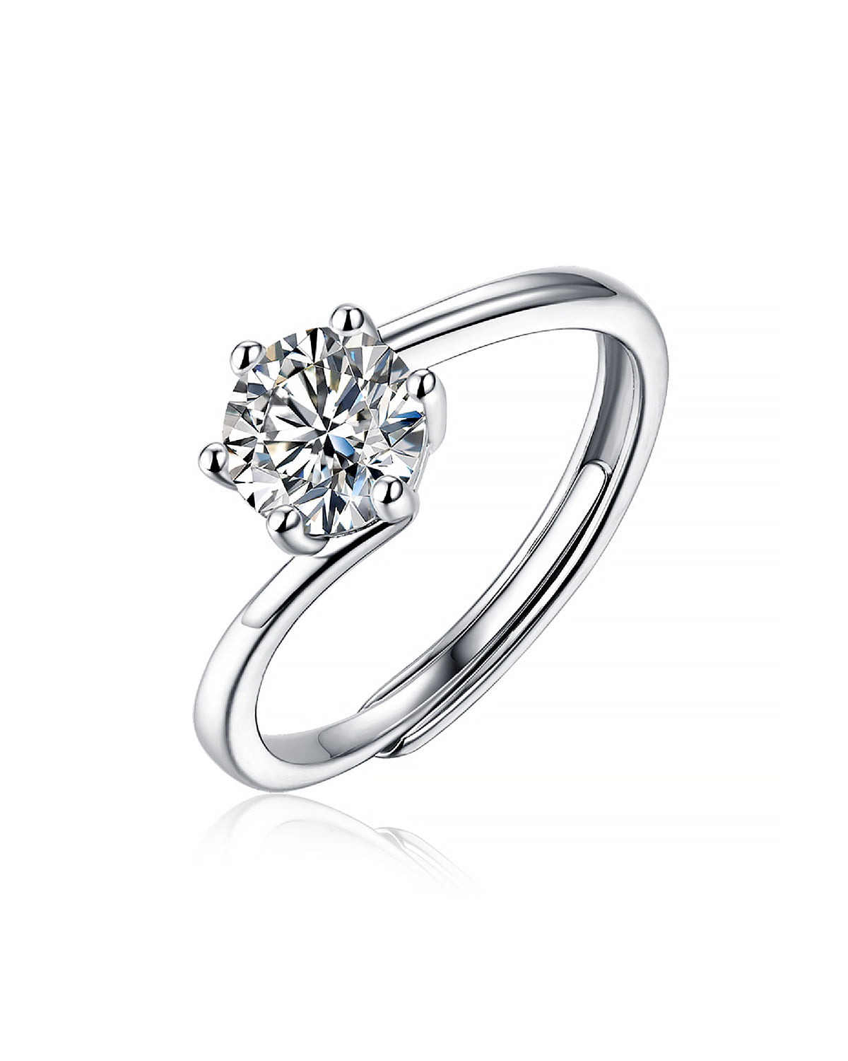 Classic 6-Prong Moissanite Bypass Adjustable Silver Ring