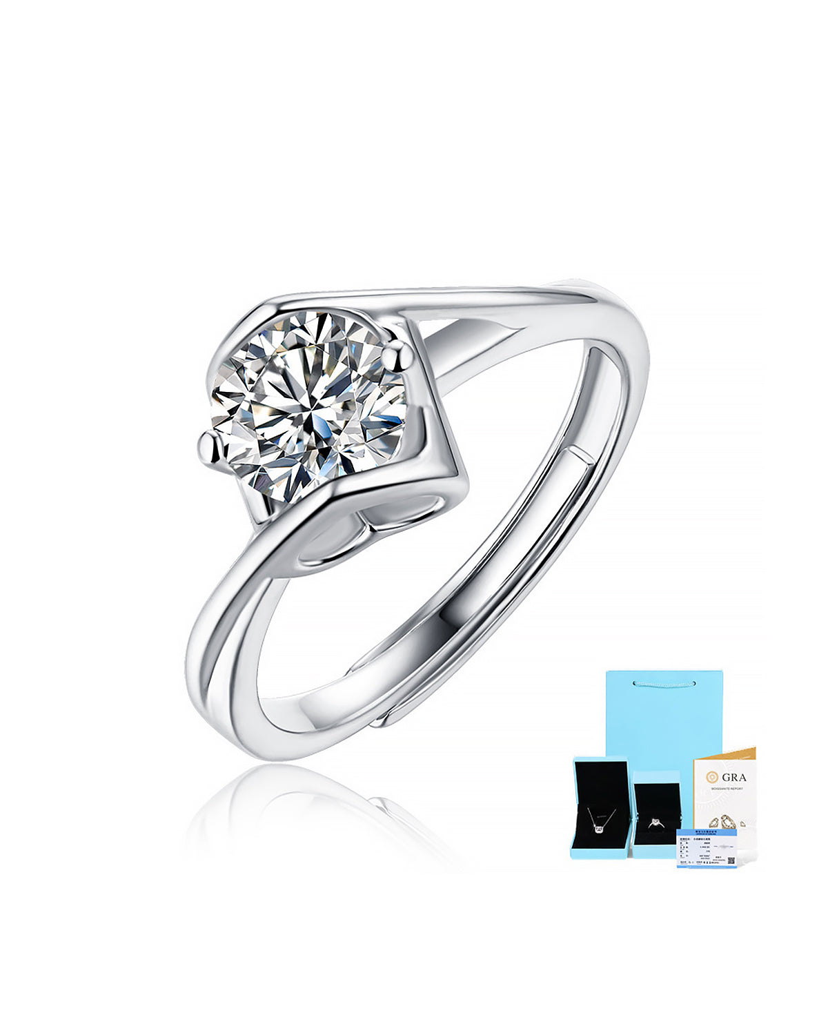 Geometric Rhombus Moissanite Adjustable Silver Ring