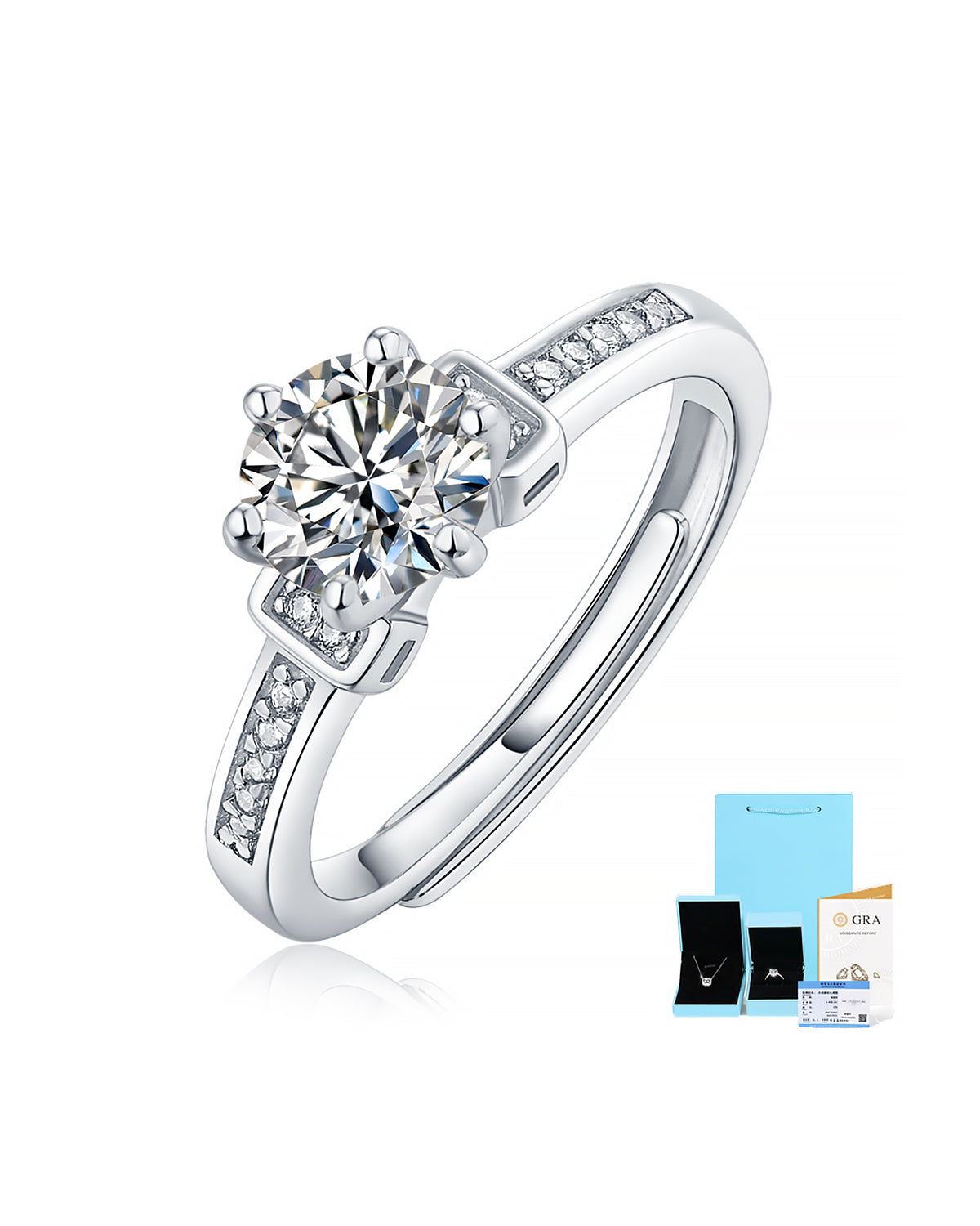 Moissanite Adjustable Silver Ring with Stepped Pavé Shoulders