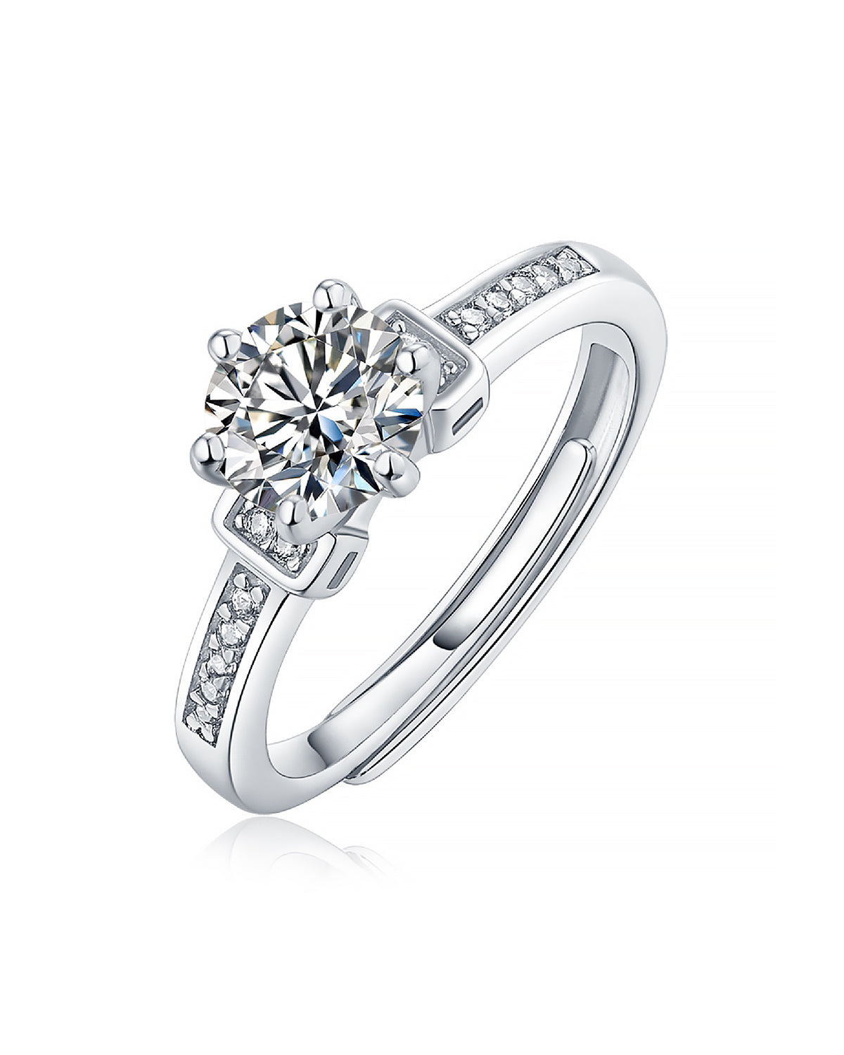 Moissanite Adjustable Silver Ring with Stepped Pavé Shoulders