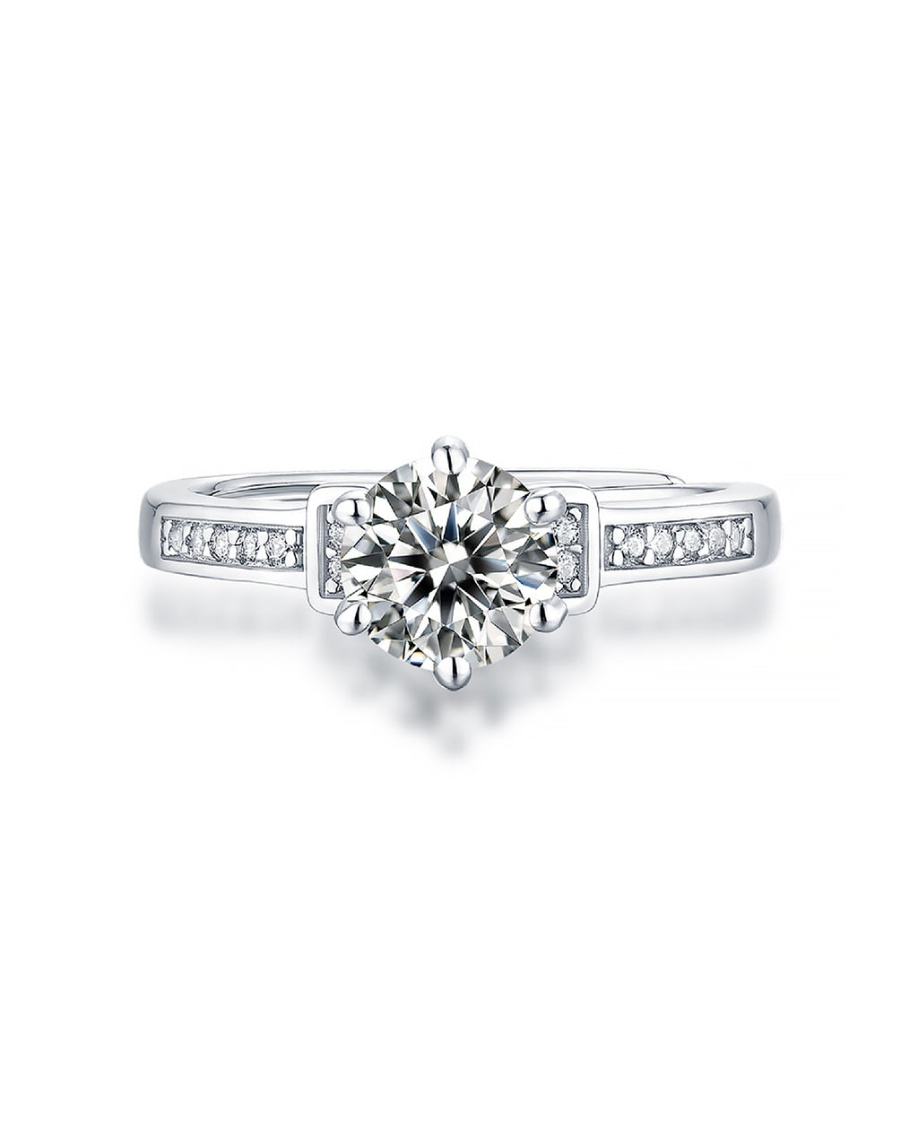 Moissanite Adjustable Silver Ring with Stepped Pavé Shoulders