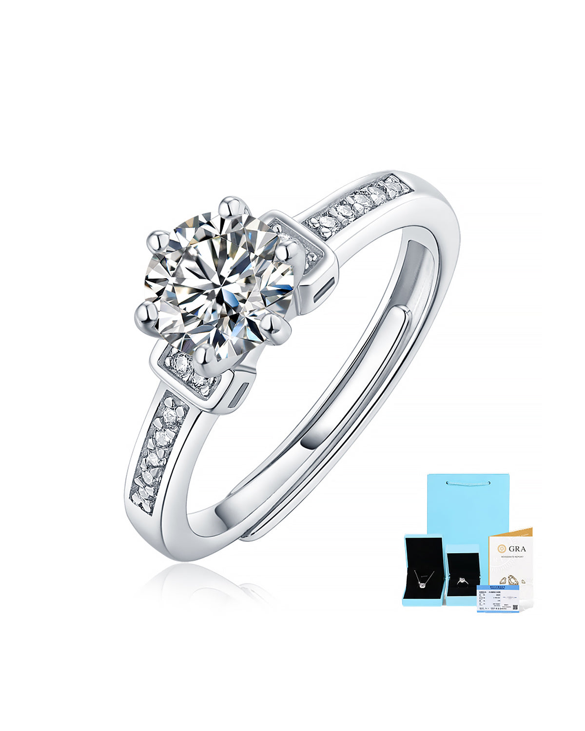 Moissanite Adjustable Silver Ring with Stepped Pavé Shoulders